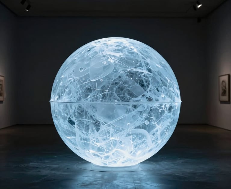 A minimalist art installation in a North American gallery, featuring a single glowing orb of ice blue light in a dark room, sophisticated and innovative.