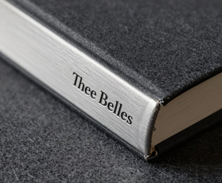 A close-up photograph of a silver-stamped book spine with the Three Belles logo, resting on a charcoal gray felt surface with moody shadows.