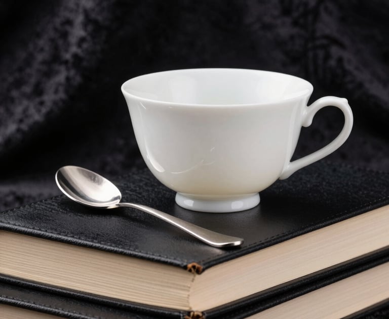 A still life photograph of a bone white tea cup sitting on a stack of black leather books, with a silver spoon and a dark velvet background in North American / US style.