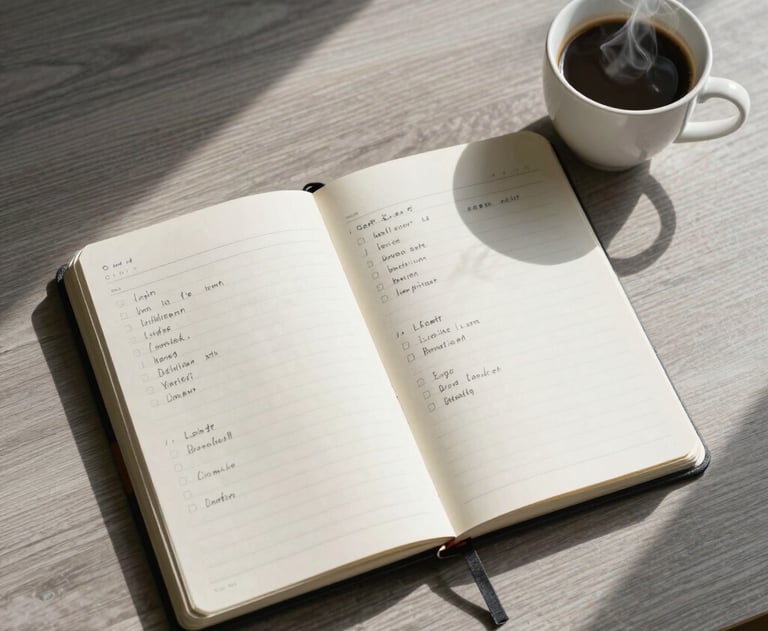 A top-down view of an open notebook with neatly written plans and a steaming cup of coffee. The desk is a light ash gray wood. North American morning light.