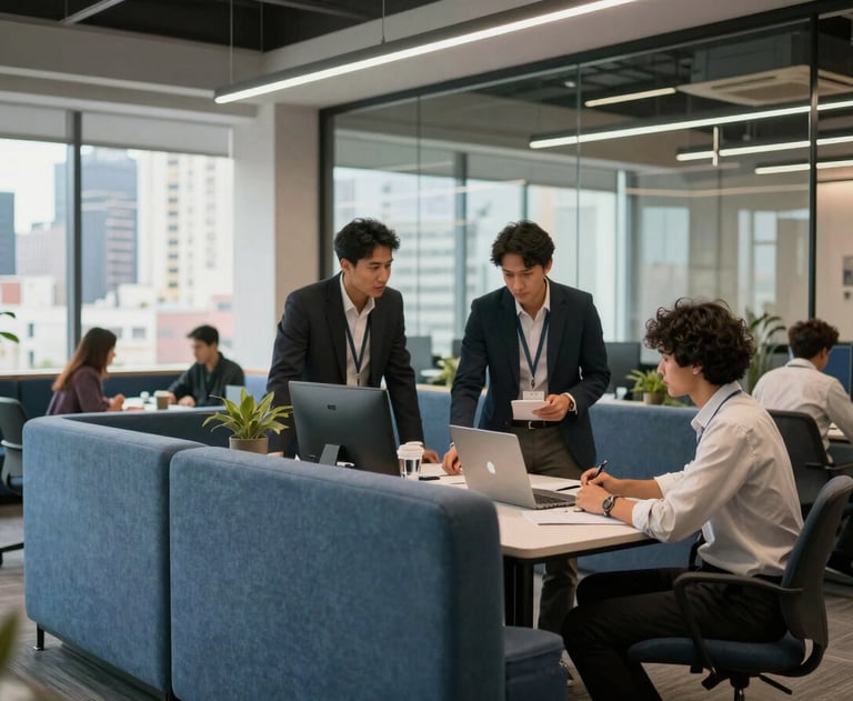 Modern business team collaborating in a workspace with glass partitions and slate blue furniture, South American city vibes.