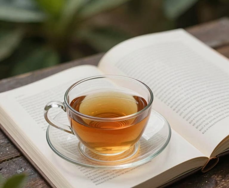 A close-up of a cup of tea next to an open book in a quiet garden in Indonesia. The environment is serene and perfect for reading. Soft natural light.