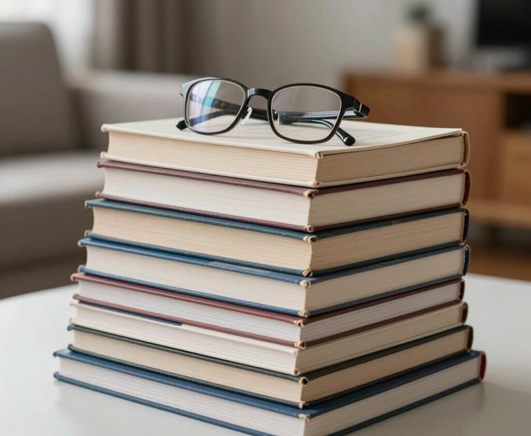 A pile of books and journals on a clean desk with a pair of spectacles resting on top. The background is a soft, out-of-focus Southeast Asian living room.