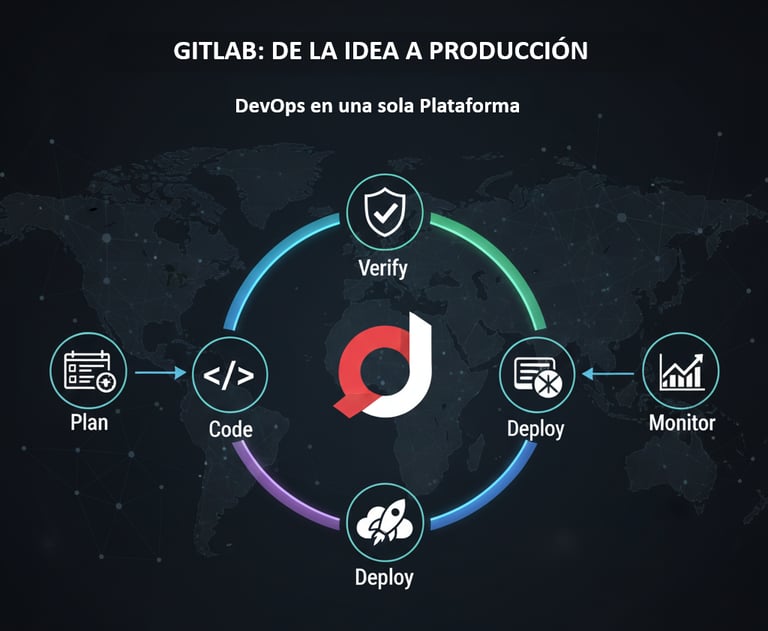 Infografía del ciclo DevSecOps en GitLab: Plan, Code, Verify, Deploy y Monitor.