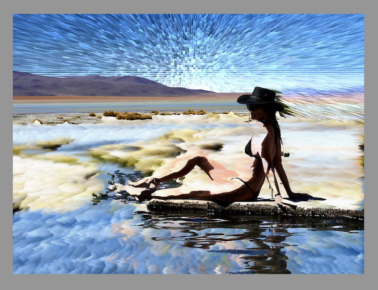 a model in a bikini top sitting on a log