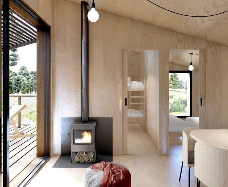 a living room with a wood burning stove and a wood burning stove