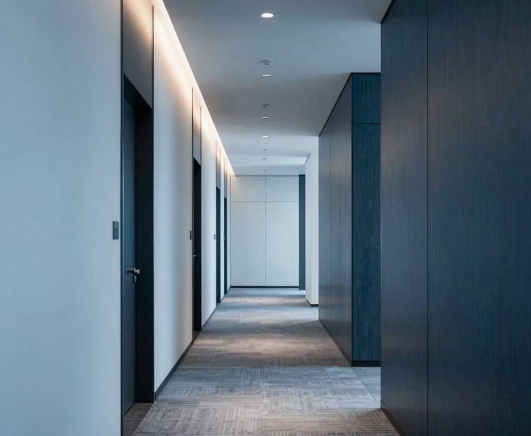A modern, sophisticated office hallway in North America, with light blue and dark blue textures and professional lighting.