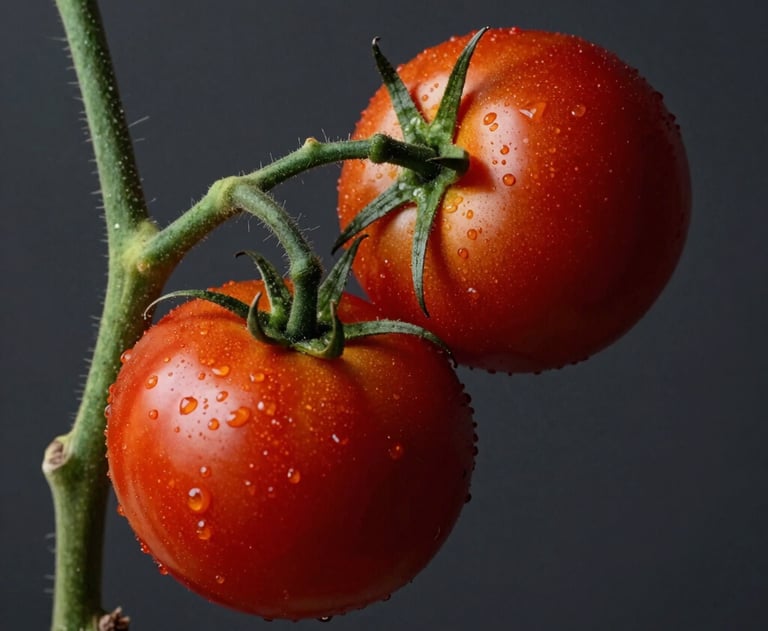 A close-up of a fresh tomato vine against a dark charcoal background. Cinematic lighting, North American artisanal food aesthetic.