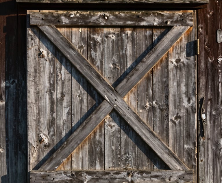 A rustic barn door detail in a Northern European / North American farm setting, with weathered wood and soft afternoon shadows.