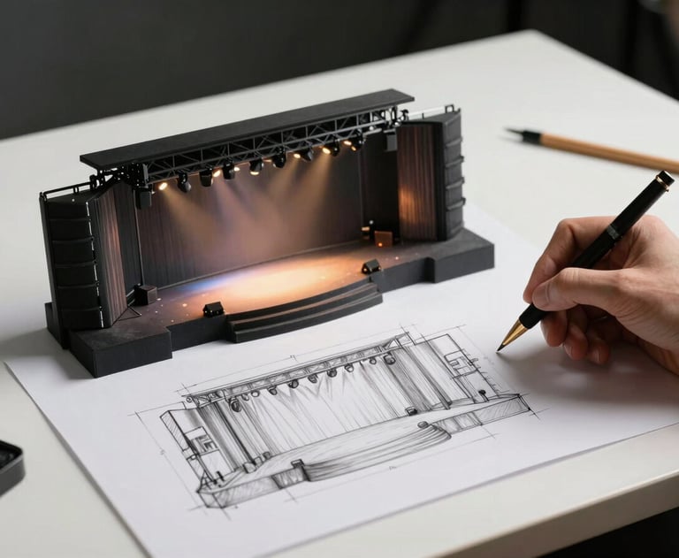 Concept art of a stage layout for a music video, hand-drawn sketches on a minimalist desk, professional planning phase.