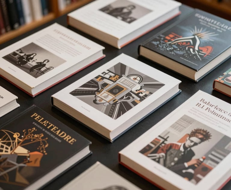 A view from above of several professional art books spread across a dark table in a French library setting.