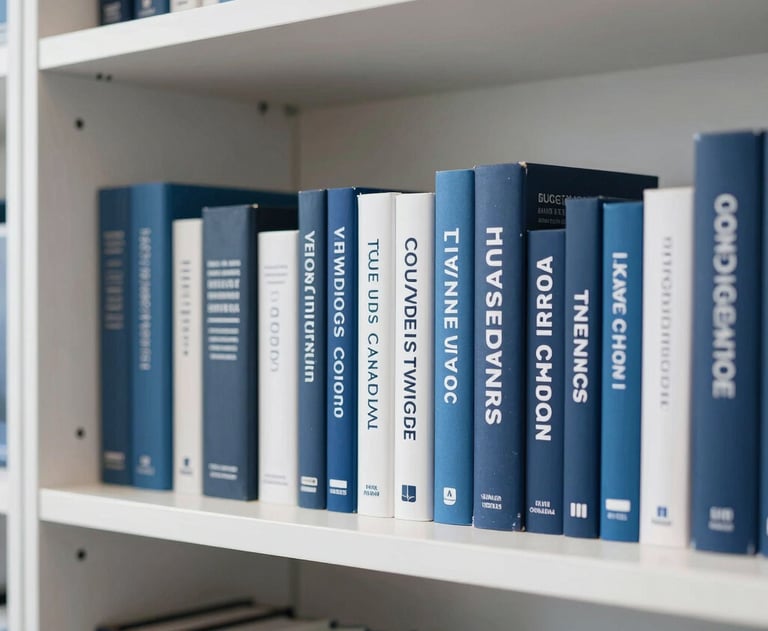 A professional photo of a modern office bookshelf containing business and strategy books. The focus is on the concepts of knowledge and insight. Clean, modern aesthetic with blue and white tones.