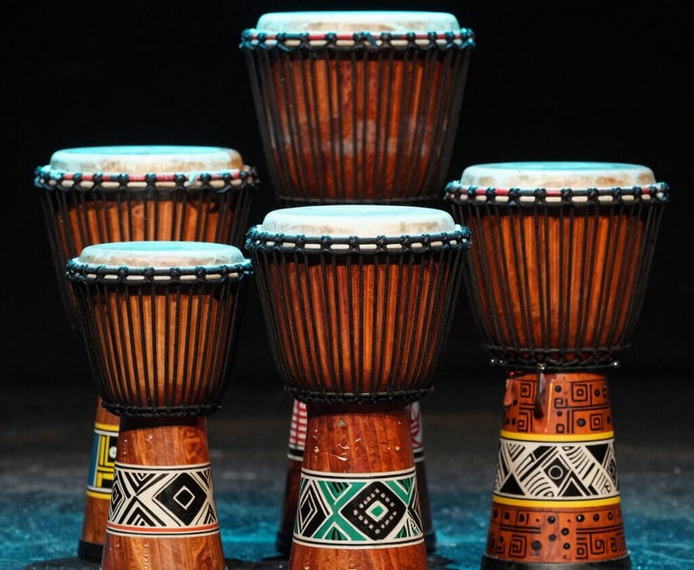 An artistic shot of a set of colorful African / Pan-African drums on a stage, with soft teal and orange lighting hitting the wooden textures.