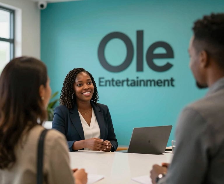 A brightly lit modern lobby of a media company. An African / Pan-African woman is greeting guests, with a large logo of 'Ole Entertainment' on a teal wall in the background.