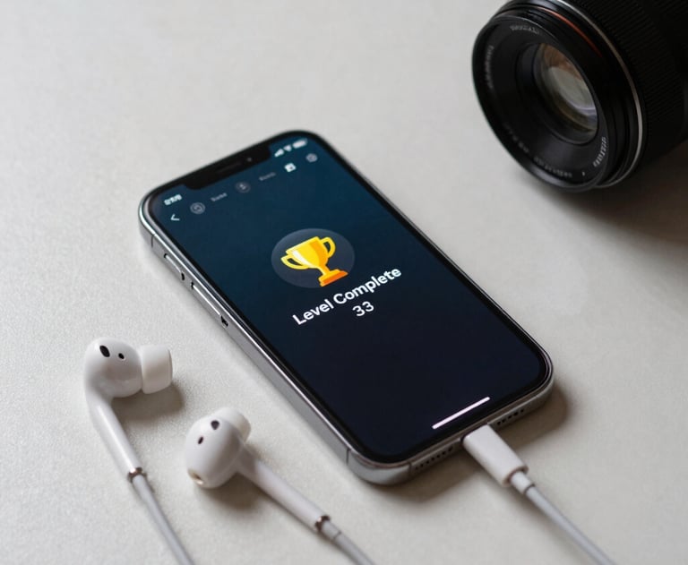 A clean photograph of a smartphone and a pair of earbuds on a minimalist desk. The phone shows a game's 'Level Complete' screen with a trophy icon.