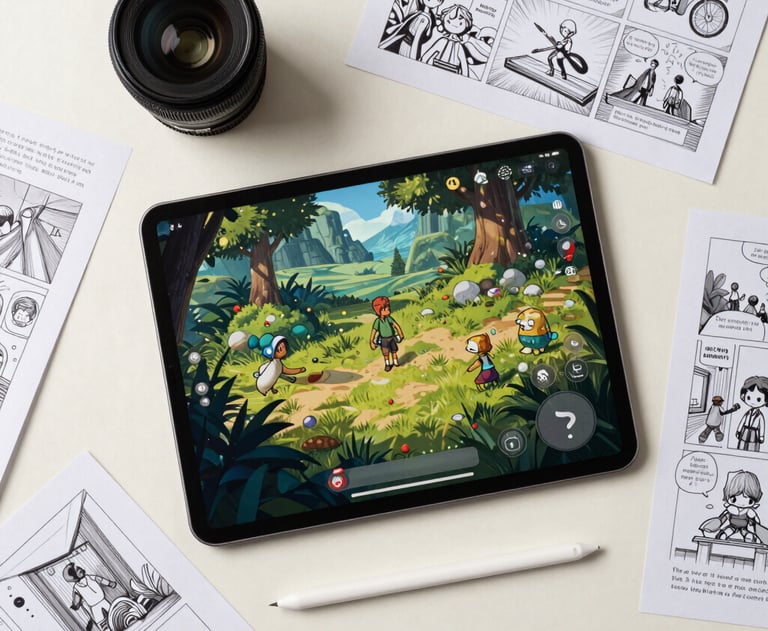 A flat-lay studio photograph of a tablet, a stylus, and several game design storyboards on a light cream surface. Professional North American / Global artist workspace.