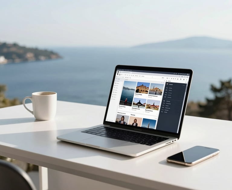 A minimalist workspace overlooking the Aegean sea in Bodrum with a laptop open to a social media dashboard. High key lighting. Turkish / Aegean Coast.