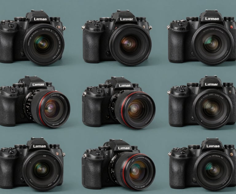 A collage of professional cameras and studio equipment on a muted teal background. Sharp and clear. Turkish / Aegean Coast.