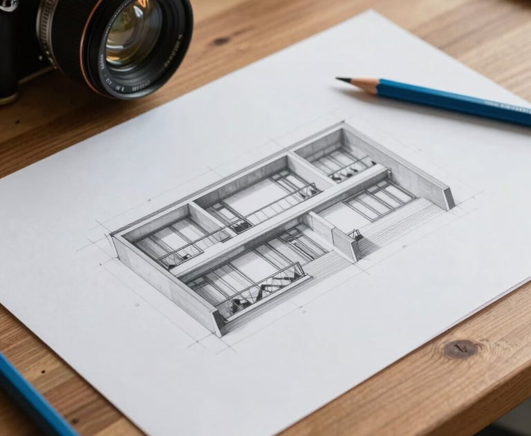 A photograph of a light grey architectural drawing on a wooden table with professional blue drafting pencils, representing a clean design process.