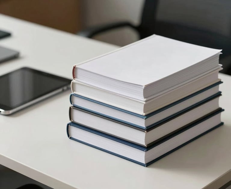 A professional photograph of a stack of clean business books and a tablet on a modern off-white desk in a North American office.