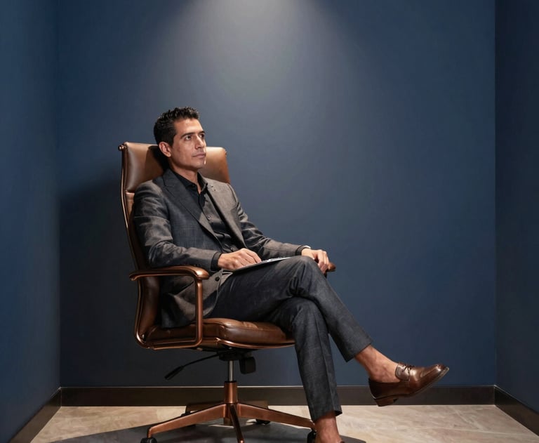 A minimalist, dark blue office corner with a high-end chair and a soft spotlight. Sophisticated Latin American / Hispanic executive feel, warm bronze accents.