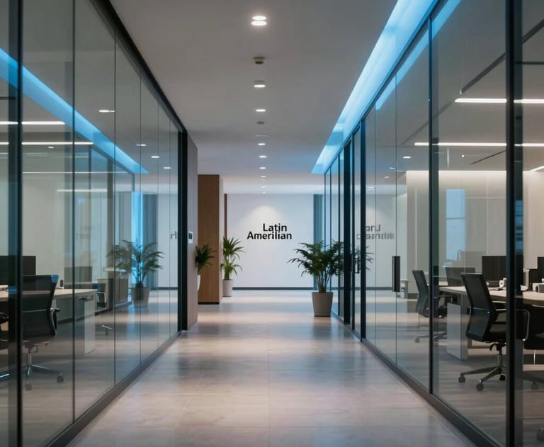 Modern office hallway with glass walls and neon blue lighting accents. Cinematic and professional tech atmosphere in a Latin American business center.