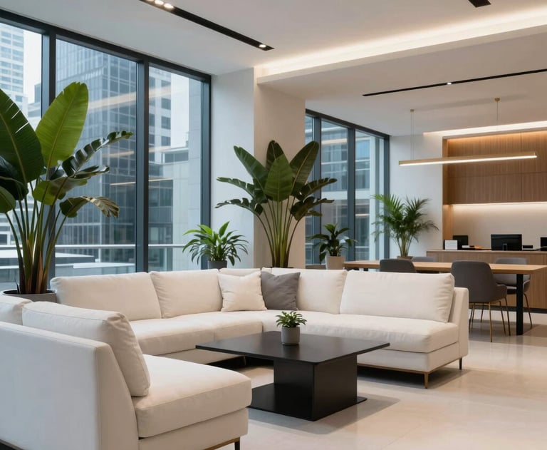 Photography of a modern office lounge in a Latin American metropolis. High-end furniture, large plants, and warm, sophisticated lighting. Colors: ghost white and slate gray blue.