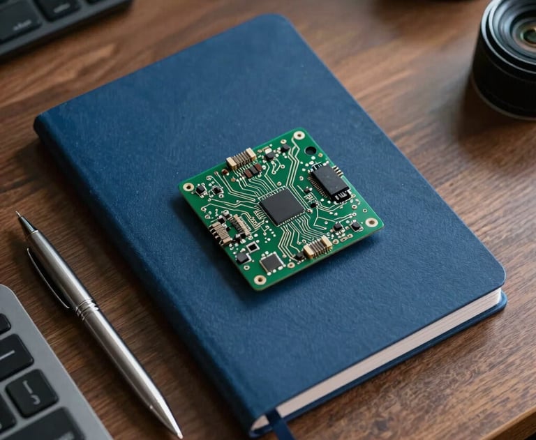 A stylized top-down view of an engineer's desk with a deep blue notebook, a sleek silver pen, and a high-tech circuit board prototype.