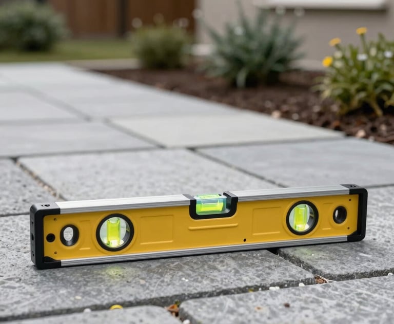 A focused shot of a construction level resting on a freshly laid stone surface in a luxury residential garden in North America.