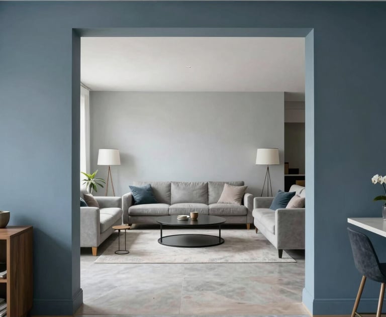 Clean and bright architectural photography of an open-plan living area with slate blue and light gray interior decor.