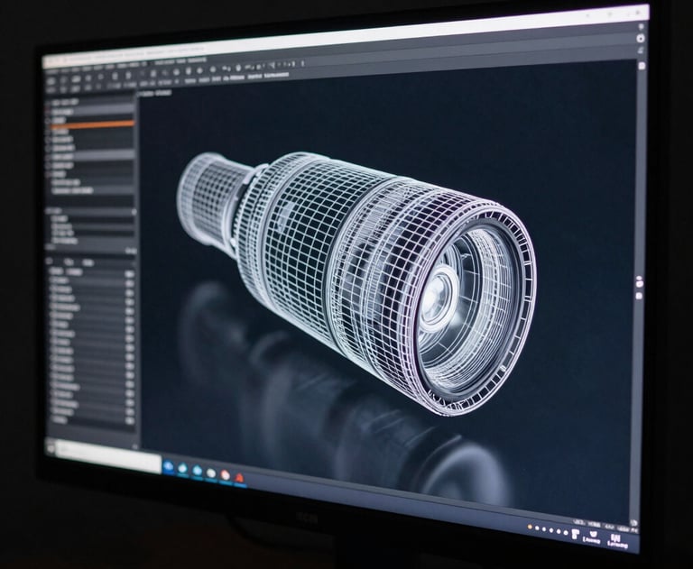A close-up photograph of a professional monitor displaying a complex 3D wireframe. The studio environment is dark navy, with the monitor's light gray glow reflecting on the surface.
