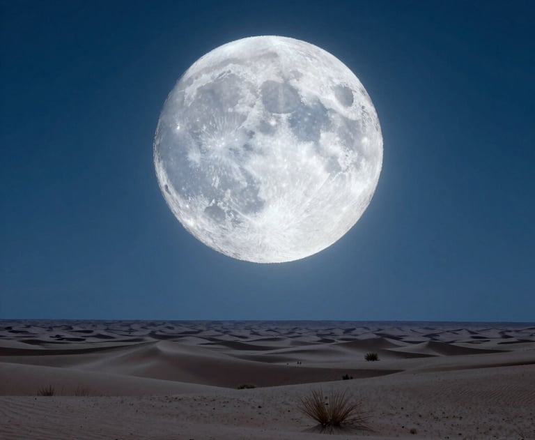 A wide shot of a North American desert under a giant, glowing 3D moon in the sky. Cinematic steel blue color grading, creating a speculative science atmosphere.