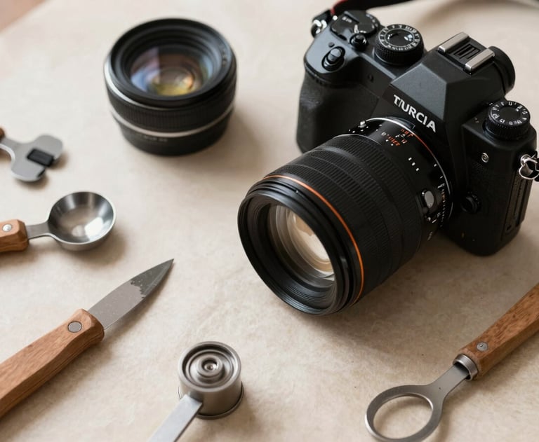 A flat-lay of culinary tools and a camera on a parchment-colored surface, North American creative studio style.