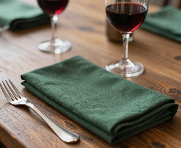 A close-up of a rustic North American dinner table with forest green napkins and crimson wine, warm lighting and sophisticated vibes.