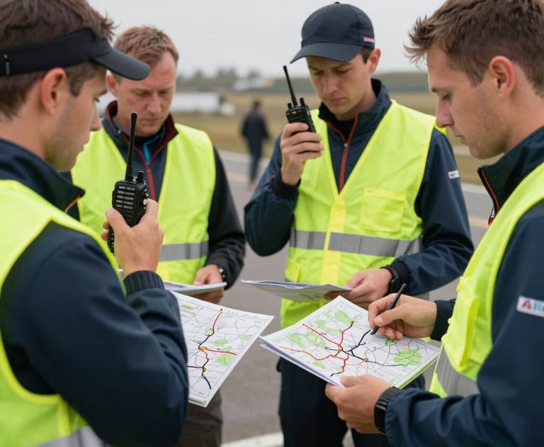 A safety meeting with race marshals in fluorescent vests holding walkie-talkies and maps of Moldovan routes, highly professional organization before a cycling race.