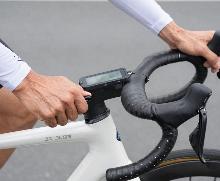 A close-up photograph of a dynamic cyclist setting up his sports computer on the handlebar, high technical precision, crisp clean lighting, white and slate grey tones.