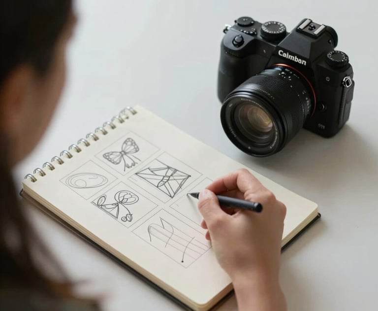 An over-the-shoulder shot of a hand sketching a storyboard for a film on a slate-colored notebook. Next to it sits a high-end camera. Minimalist, focused atmosphere.