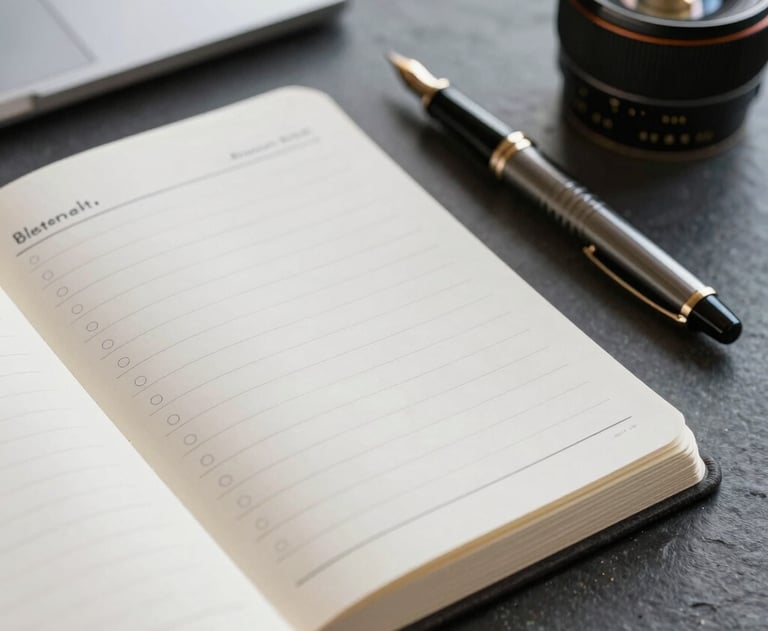 A close-up of an open planner and a vintage fountain pen on a slate desk, symbolizing the planning and integrity of the creative process in a Lisbon office.