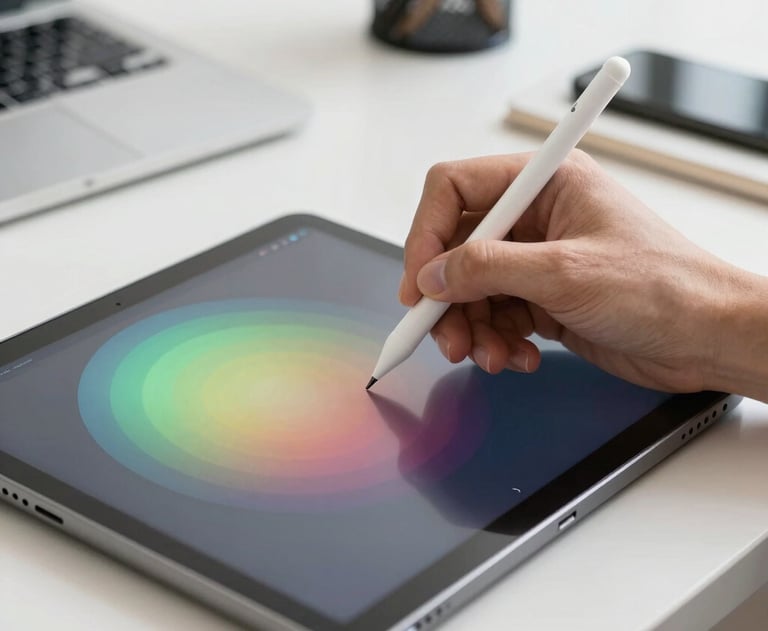 A beautiful photograph of a hand using a digital stylus to adjust a color palette on an Android tablet. The environment is a clean, modern North American / US office.