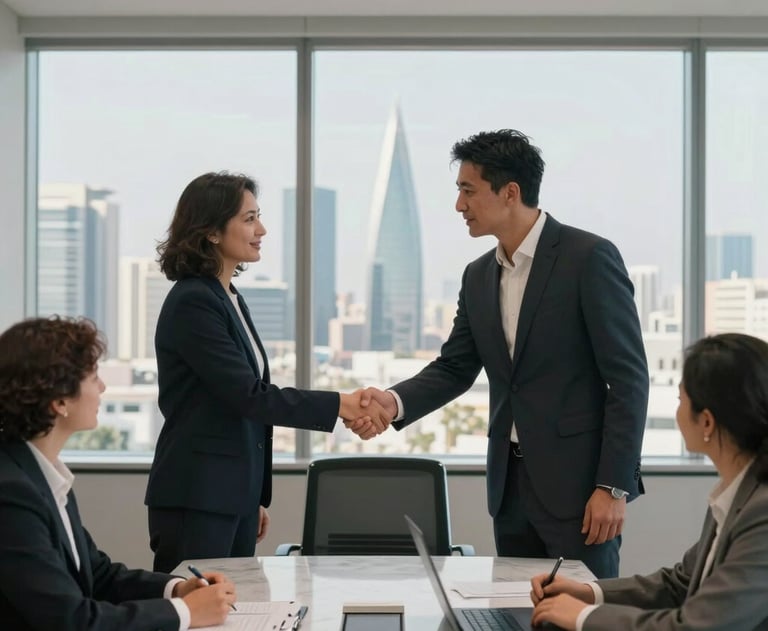 A photograph of a modern office meeting room where a client and a contractor are shaking hands over a marble table. The background shows a view of the Riyadh skyline through floor-to-ceiling windows.