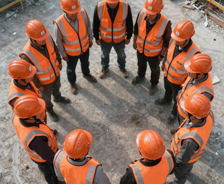 A top-down view of a construction team in orange vests standing in a circle for a safety briefing. The geometric pattern of their hard hats creates an interesting visual symmetry.