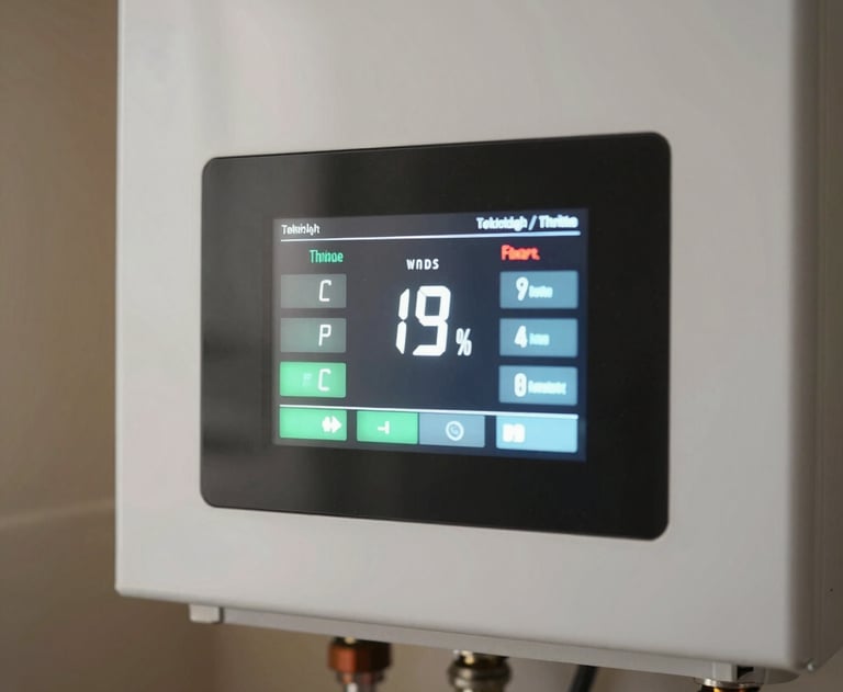 Close-up photography of a pristine boiler control panel screen displaying ideal heating indicators inside a modern warm home in Tekirdağ / Thrace, Turkey. Natural soft lighting, friendly vibe.