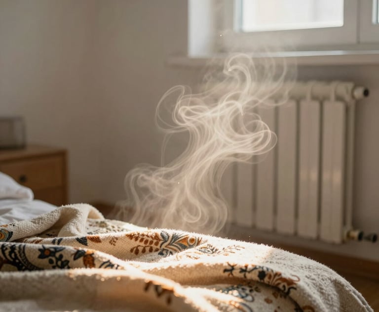 A cozy, bright living room radiator with warm air waves artistically suggested through soft-focus golden sunlight on a decorative wool blanket in Tekirdağ / Thrace, Turkey.