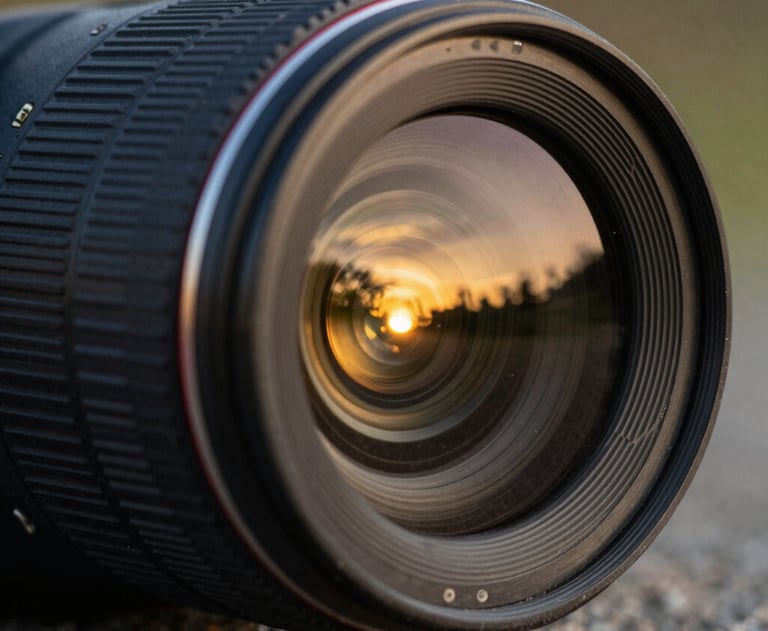 A close up of a camera lens reflecting a sunset. Warm golden colors, professional and artistic photography style.