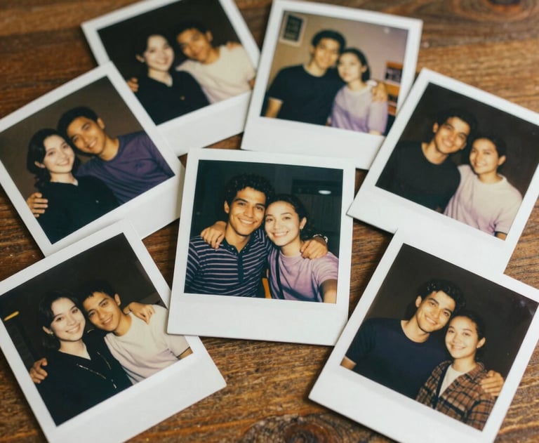 A series of Polaroid photos scattered on a wooden table, showing happy people in warm lighting. Nostalgic and cinematic mood.