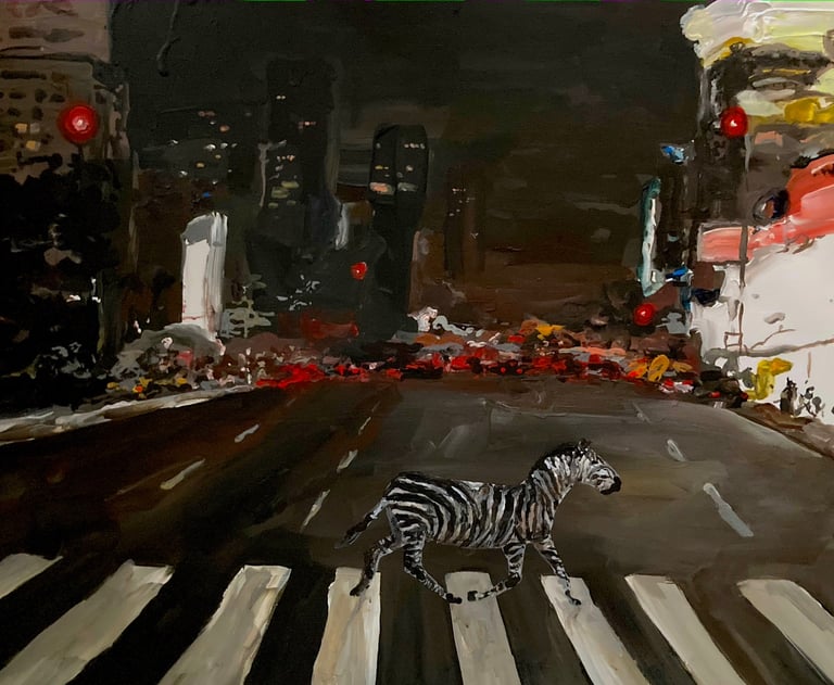 a zebra crossing the street in a city