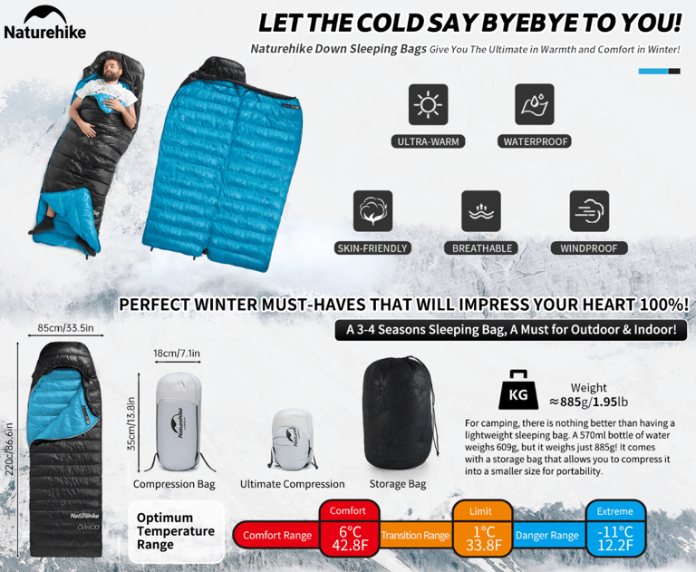 Naturehike down sleeping bag, best lightweight sleeping bag for backpacking