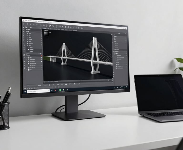 Photography of a clean, minimalist workstation with a large monitor showing a CAD software design of a bridge and a professional laptop next to it.