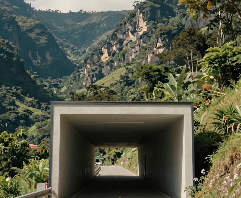 Cinematic photography of a sunlit tunnel entrance with sleek modern architecture, located in a green South American valley.