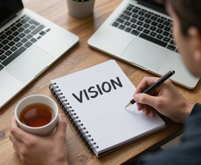 A clean, overhead shot of a business owner's desk with a laptop, a notebook with the word 'VISION' written in it, and a cup of tea. Very organized and inspiring. North American / US lifestyle photography.